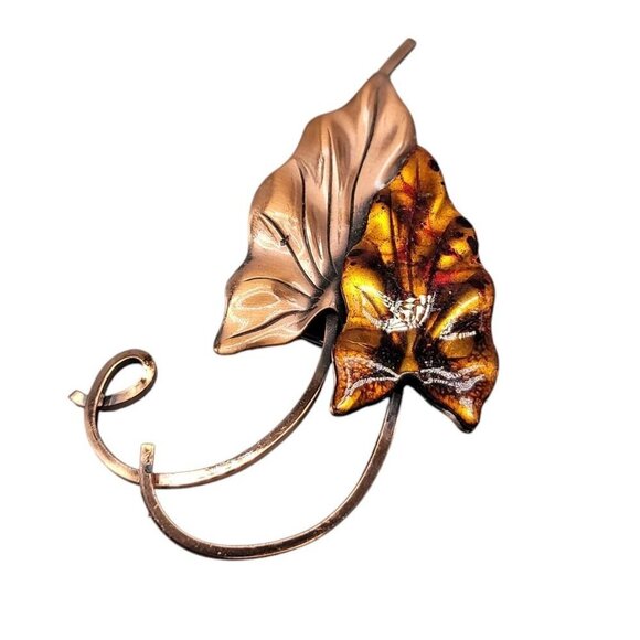 Matisse Renoir Brooch Large Vintage Signed Copper & Enamel Double Leaf Pin - Picture 4 of 10